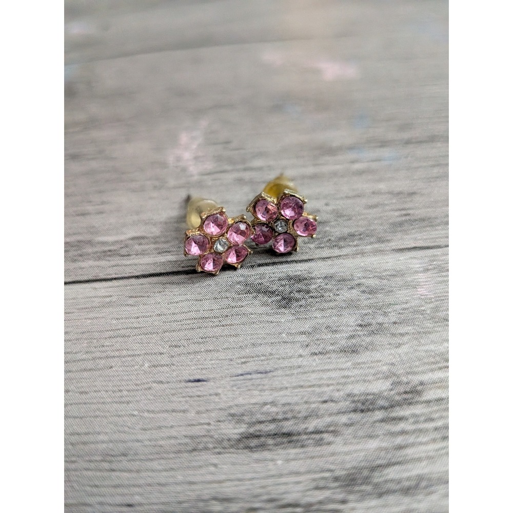 Pink Rhinestone Flower Stud Earrings Gold Tone Floral Crystal Dainty Jewelry